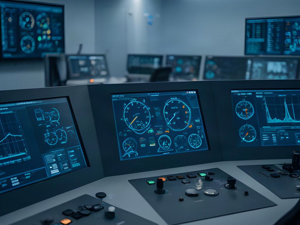 Panel de control de un aerogenerador con indicadores técnicos en una sala de operaciones