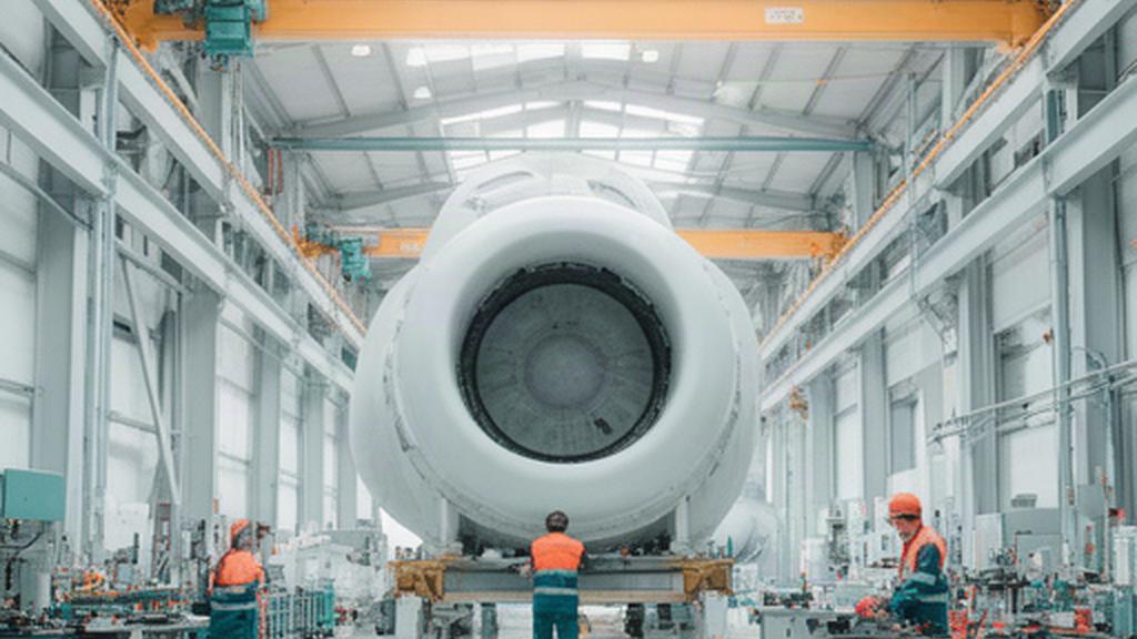 Interior de la fábrica de aerogeneradores en Burgos con técnicos revisando una góndola