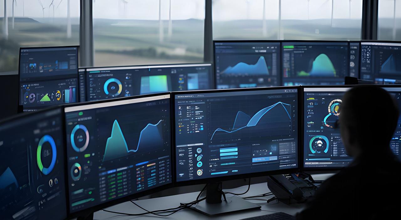 Panel de control con gráficas de producción eólica en un centro de supervisión técnica
