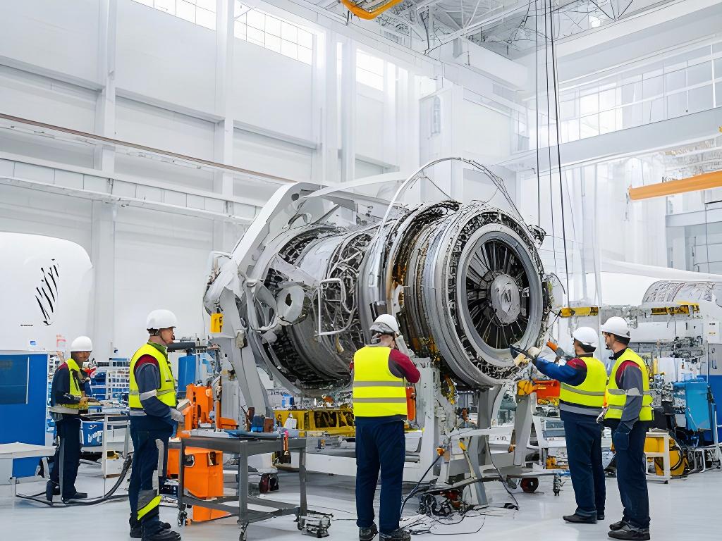 Operarios montando una góndola de aerogenerador dentro de una nave industrial luminosa