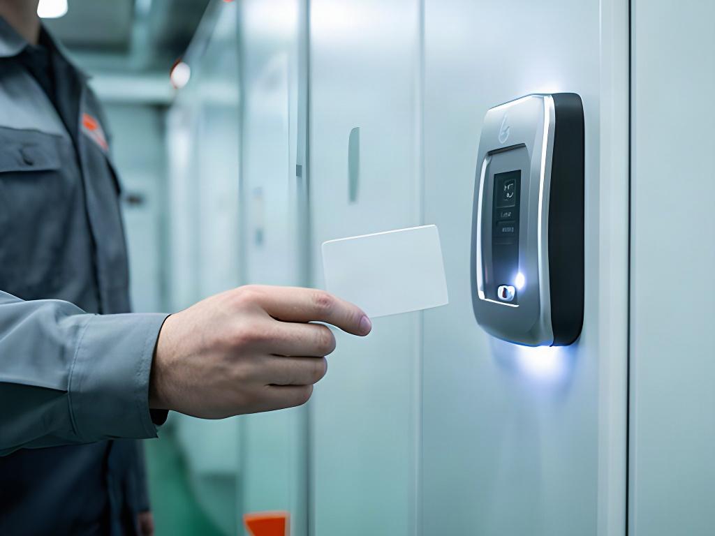 Profesional usando una tarjeta de acceso en una instalación de fabricación de Burgos