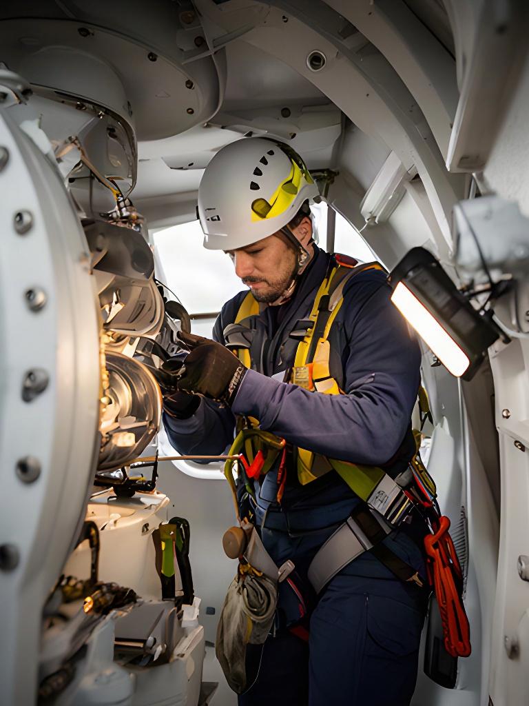 Operario realizando mantenimiento en la góndola de un aerogenerador con equipo de seguridad