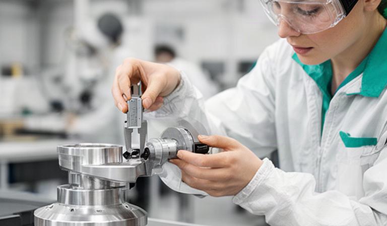 Operaria comprobando una pieza metálica de aerogenerador con instrumentos de medición
