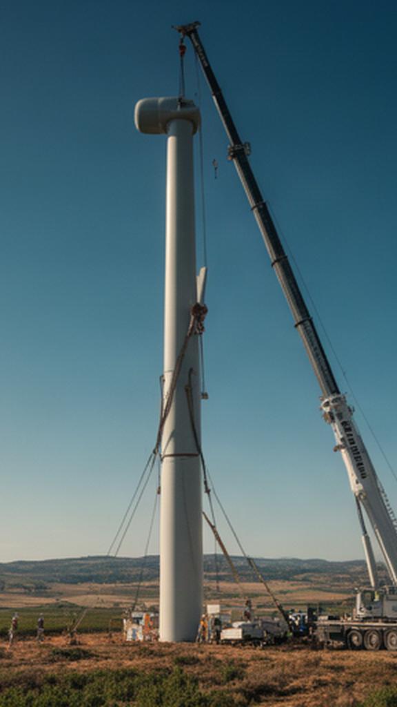Torre de aerogenerador elevándose con una grúa durante el montaje en un campo castellano