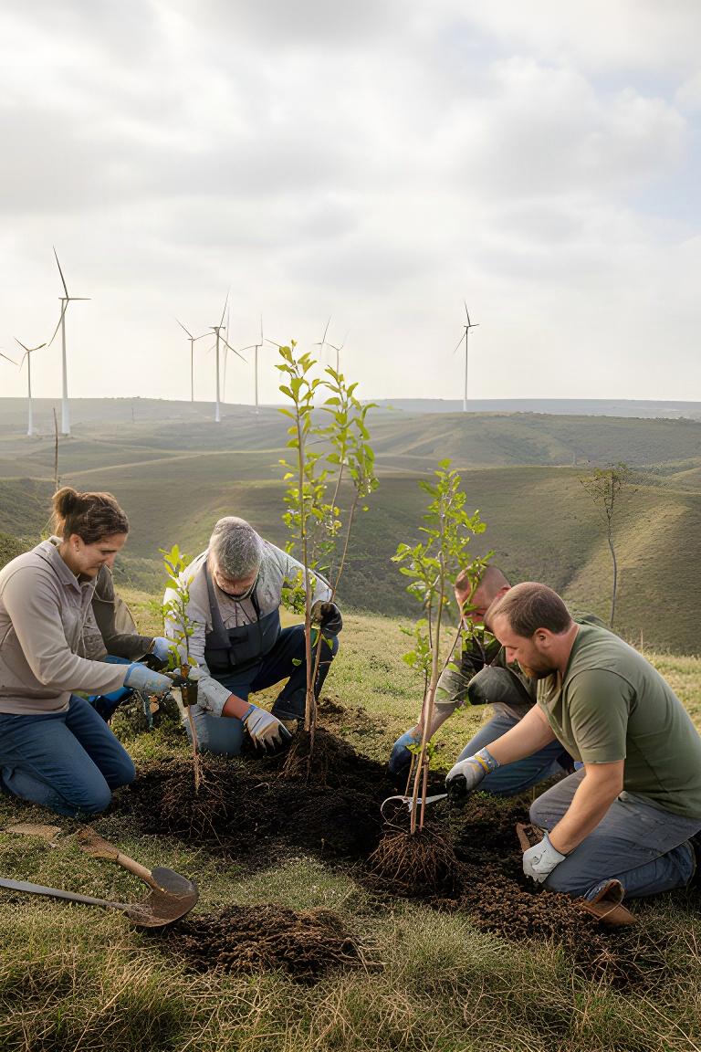 Voluntarios plantando árboles jóvenes en una ladera cercana a un parque eólico