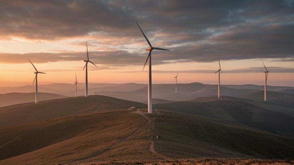 Aerogeneradores E-92 instalados sobre el páramo de la Lora, Palencia, al atardecer
