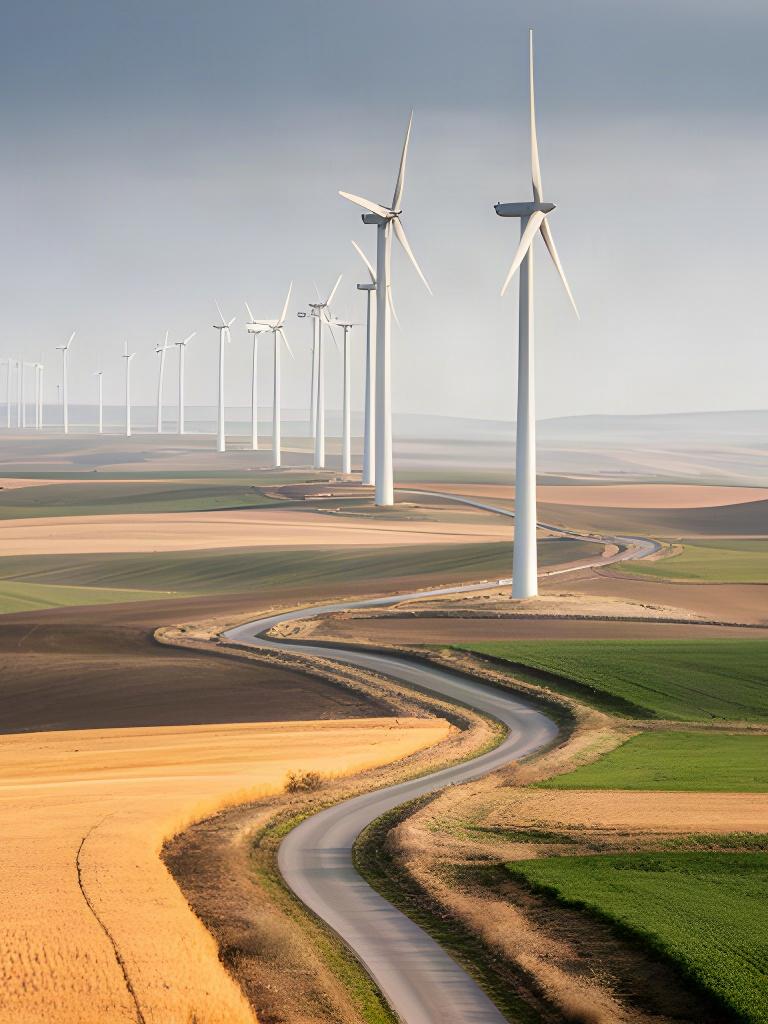 Fila de aerogeneradores en un paisaje agrícola de Castilla y León con caminos de acceso visibles