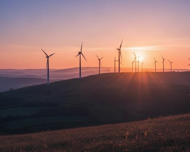 Parque eólico con varias turbinas alineadas al atardecer sobre una loma